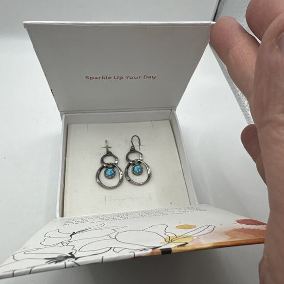 Silver Opal Earrings 925 Round Double Hoop Modernist Drop MAGNOLIA Gift Boxed - Picture 1 of 3